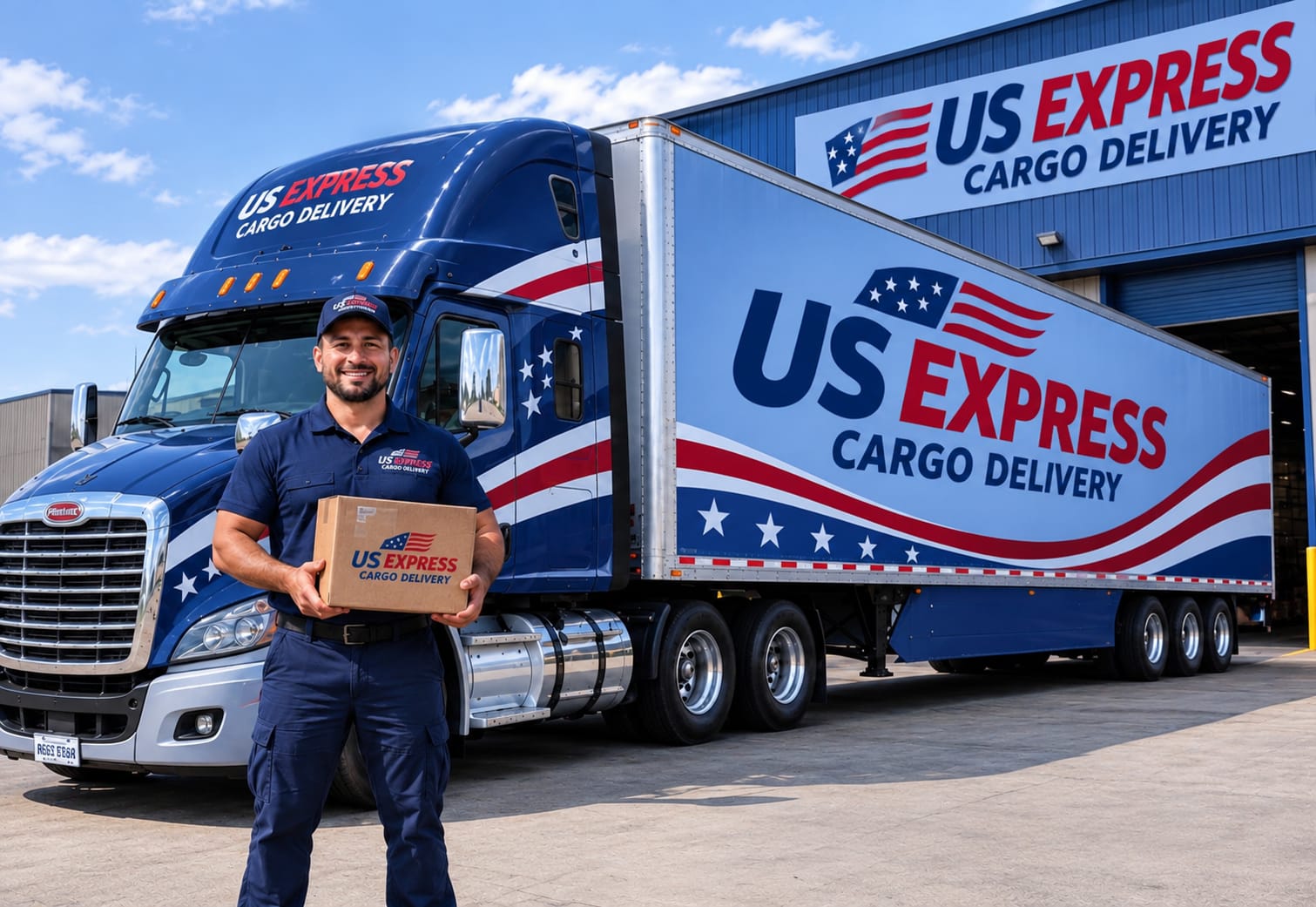 US Express branded truck with a driver holding a parcel