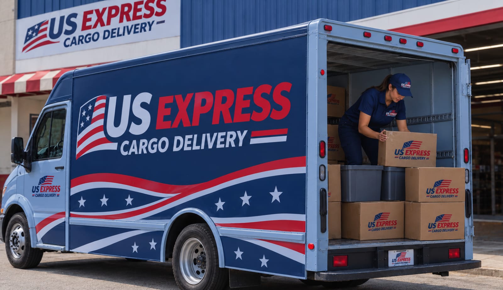 Parcels being loaded into a US Express branded delivery truck
