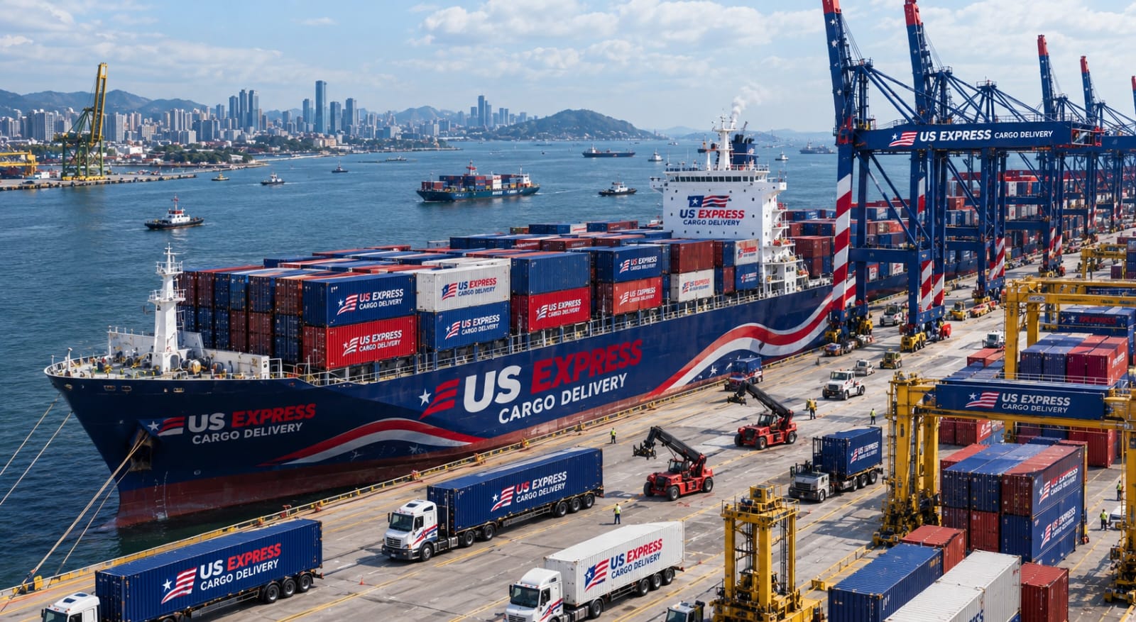 US Express branded container ship and cargo port